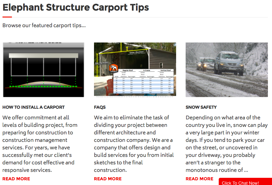 Elephant Structure Carport tips page, how to install a carport, FAQ's, and snow safety.